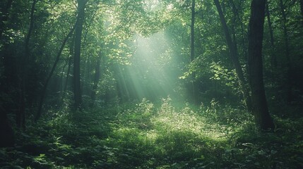 Obraz premium A captivating view reveals a serene forest where sunlight filters through the lush foliage, illuminating the rich greenery below. This enchanting scene invites a moment of reflection