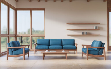 modern living room with a large blue sofa and two blue armchairs. The room has wooden , including a wooden coffee table and a bookshelf. There is a potted plant near the window