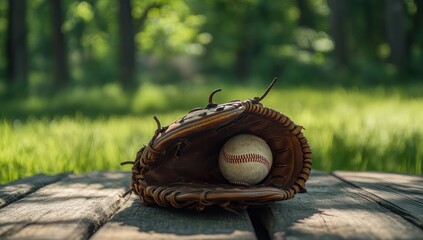 Baseball Glove and Ball on Wooden Plank