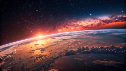 A beautiful view of the Earth with a bright orange sun in the sky