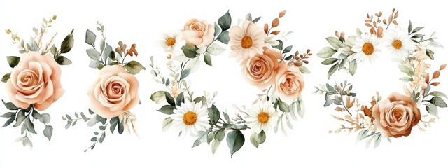 Watercolor Floral Wreath Collection Peach Roses White Daisies Greenery Soft Pastel Digital Art Wedding Stationary