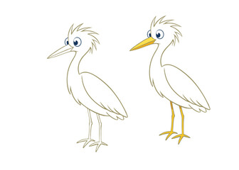 A detailed snowy egret coloring page featuring the elegant bird with long, slender legs, flowing white feathers, and a sharp beak, set against a natural wetland background.