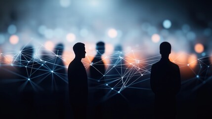 Silhouettes of people in group. Network connections illustrate communication, social media concepts. Business people, HR themes implied. Ai-generated image shows tech connection between people.