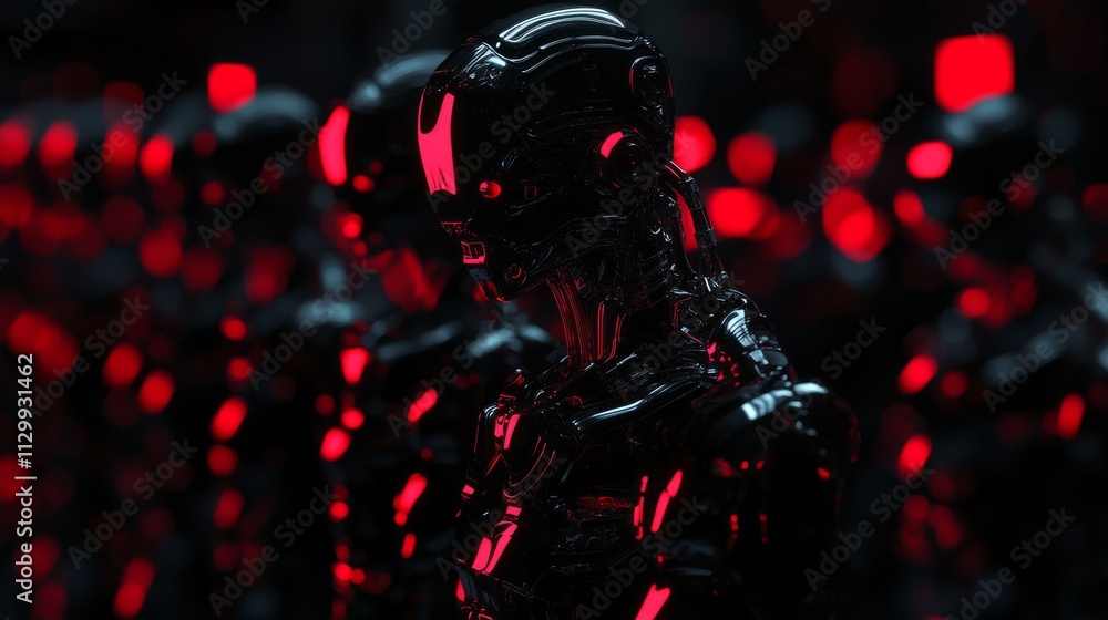 Poster a group of futuristic robots illuminated by red neon lights stands in a dark environment. their glos