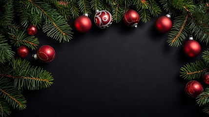 Christmas decorations and spruce tree at black background. Flat lay with copy space