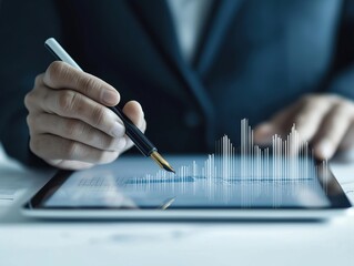 Businessperson analyzes financial data on tablet. Consultant uses digital pen to review tax return details. Person in business attire closely examines digital financial report on digital tablet. Tax
