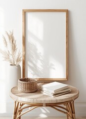 Minimalist Wicker Side Table with White Picture Frame and Modern Decor in Scandinavian Style