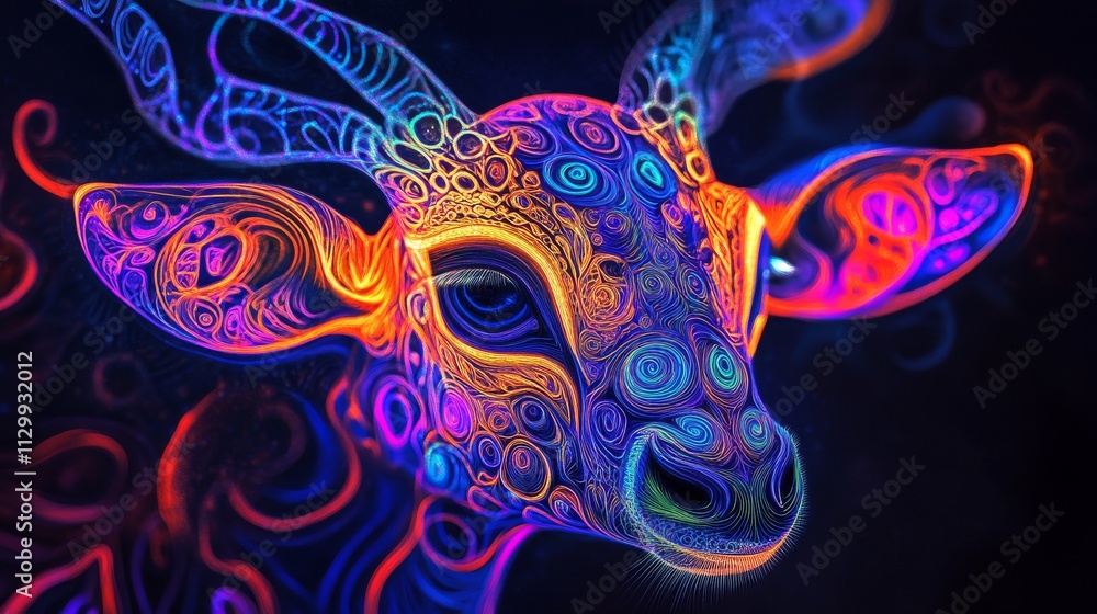 Poster an abstract neon illustration of a bull, depicted with vivid swirls and patterns in bright, glowing 