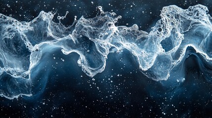 Abstract water splash with white foam on dark blue background.