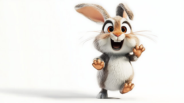 A cartoon rabbit is standing on a white background with a big smile on its face