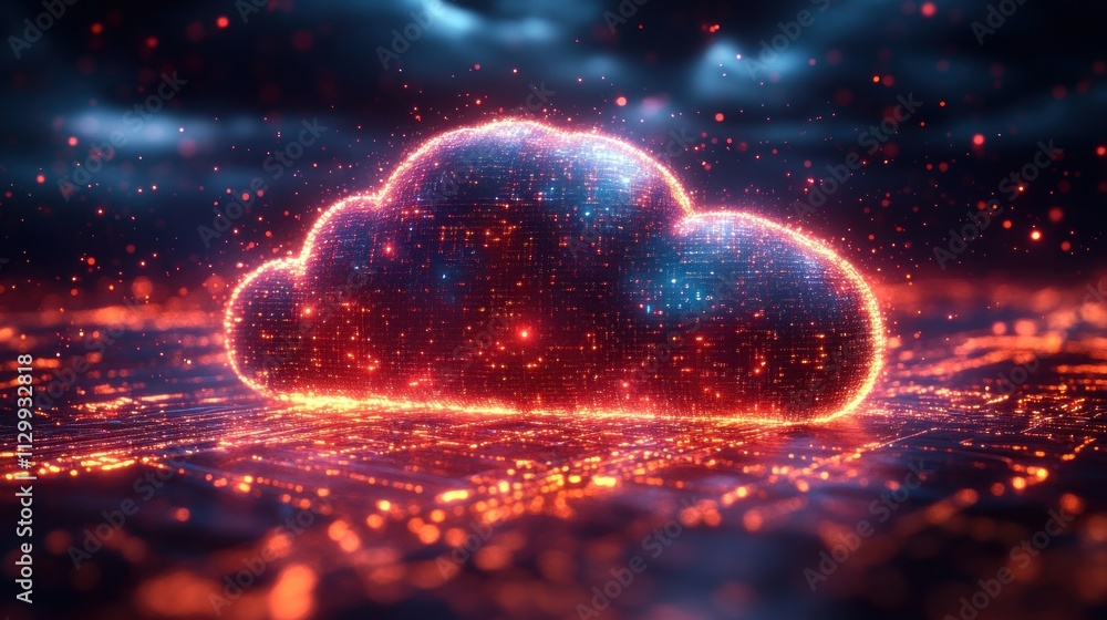 Poster futuristic cloud computing cyberpunk neon data transfer isometric server infrastructure for digital 