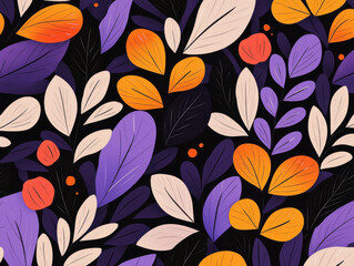 Colorful leaves and flowers pattern on dark background, vibrant design