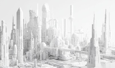 white Cyberpunk city, transparent codes and glowing details 