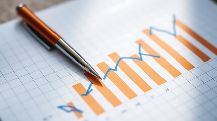 Close-up of a pen pointing at a financial chart with bar and line graphs, representing business analysis, market trends, and growth.