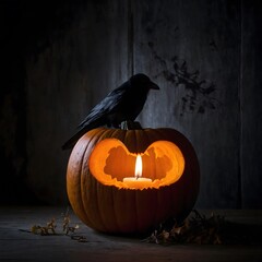 "Mysterious Crow Shadow Over Carved Pumpkin with Glowing Candlelight"