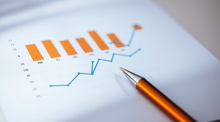 Close-up of a pen pointing at a financial chart with bar and line graphs, representing business analysis, market trends, and growth.

