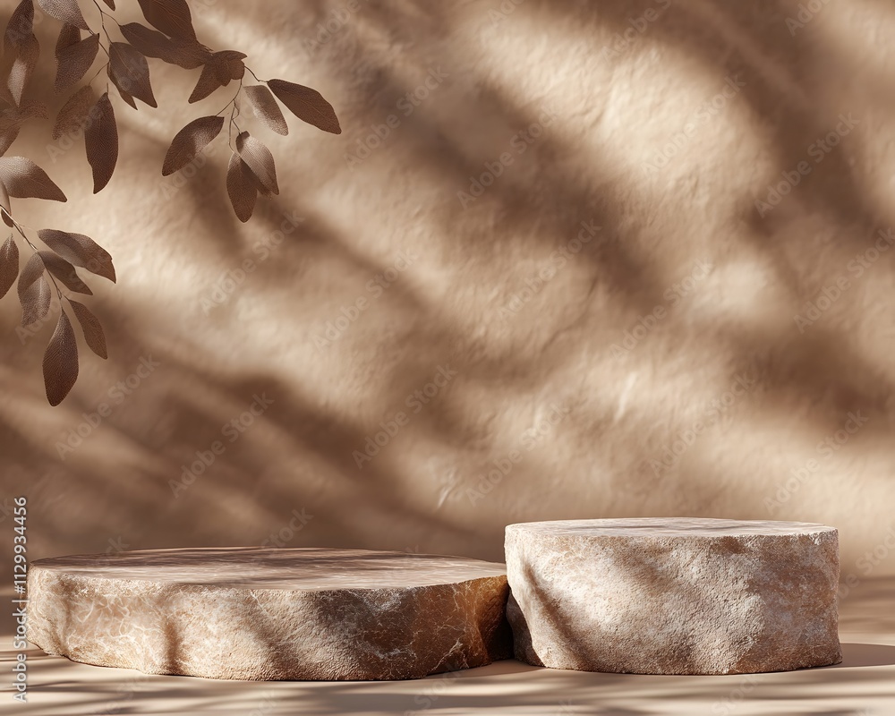 Aufkleber minimalist display of two stone-like platforms against a textured wall with soft shadows.