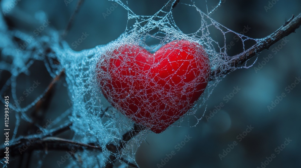 Poster a frozen red heart wrapped tightly in a spiderweb, coated with delicate frost. this haunting image s