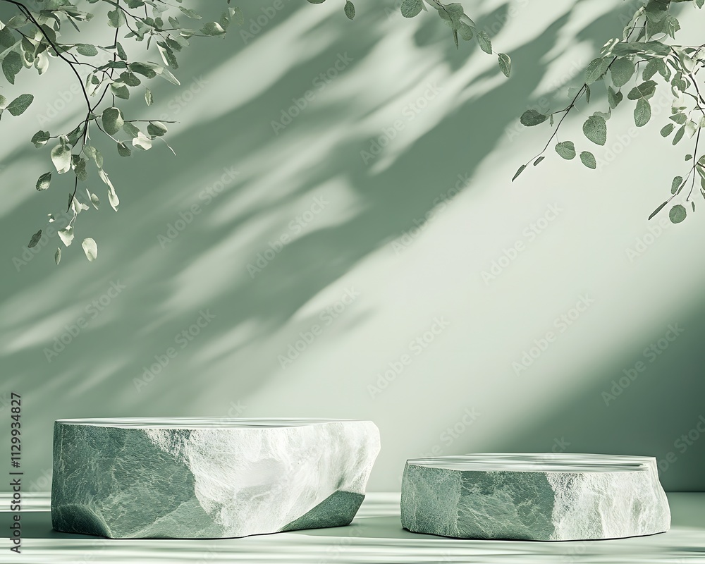 Poster minimalist display with stone-like objects and soft shadows against a light background.