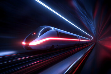Futuristic train traveling through dark tunnel.