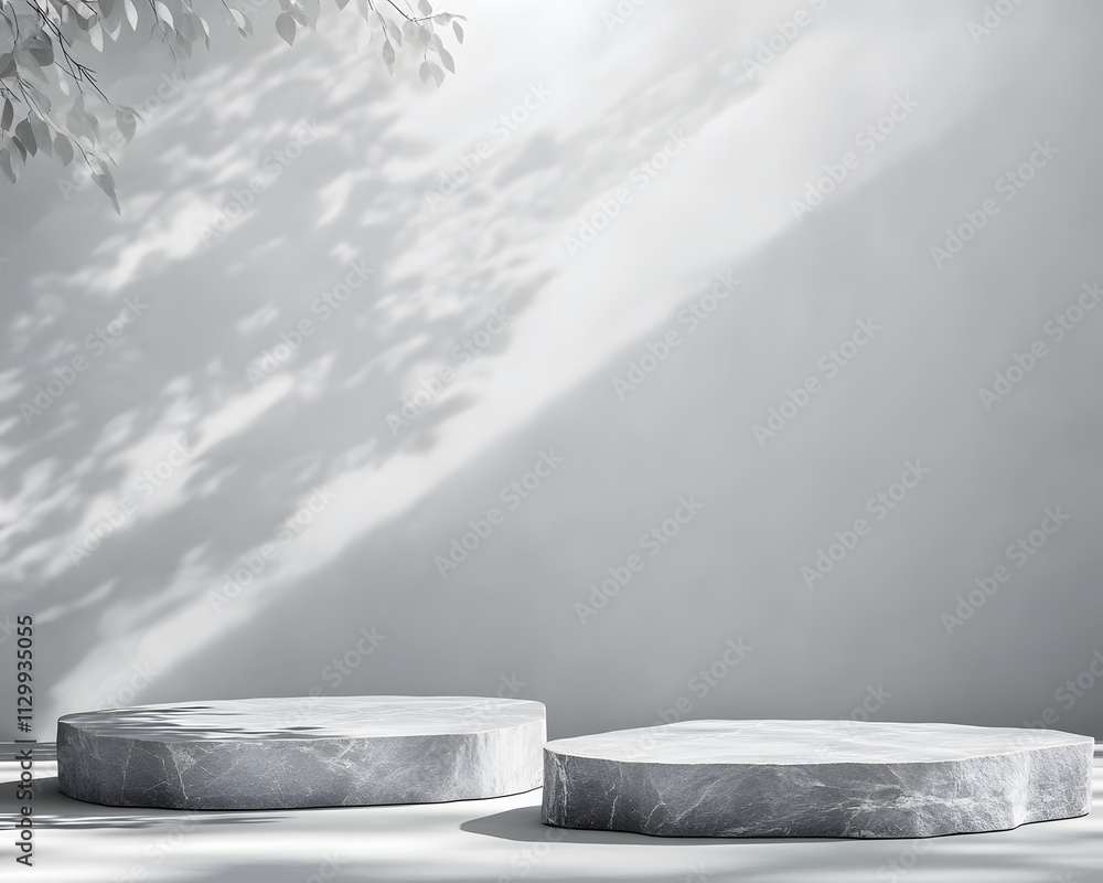 Aufkleber minimalist scene featuring two geometric stone platforms with soft shadows and light.