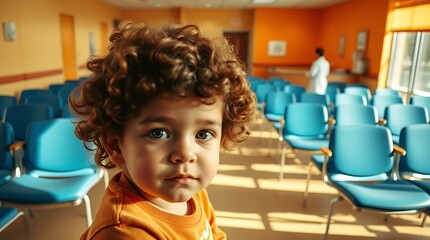 A child sitting in an urgent care waiting room, conveying a sense of patience and concern while awaiting medical attention.

