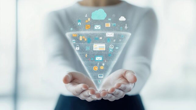 Person holds digital marketing funnel with various icons. Process visualizes prospect conversion to customer. Tech solution for sales improvement. Concept for online business growth. Focuses on