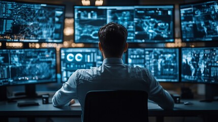 Obraz premium Man monitoring multiple screens displaying data.