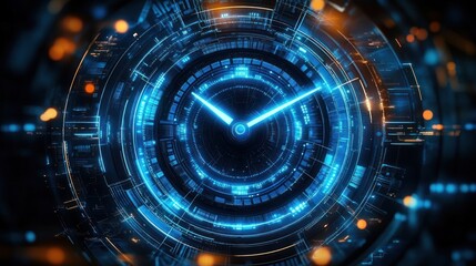 Futuristic Digital Clock with Blue Face and Circuitry Background