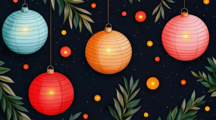 Colorful lanterns hanging against dark background with leaves