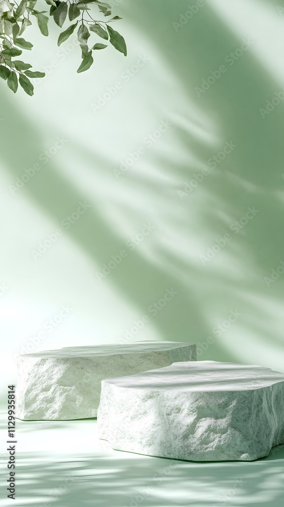 Aufkleber soft green background with two textured circular platforms casting gentle shadows.