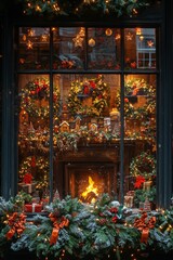 A winter-themed holiday window with snow falling outside. Inside, there are Christmas presents and holiday, Generative AI 