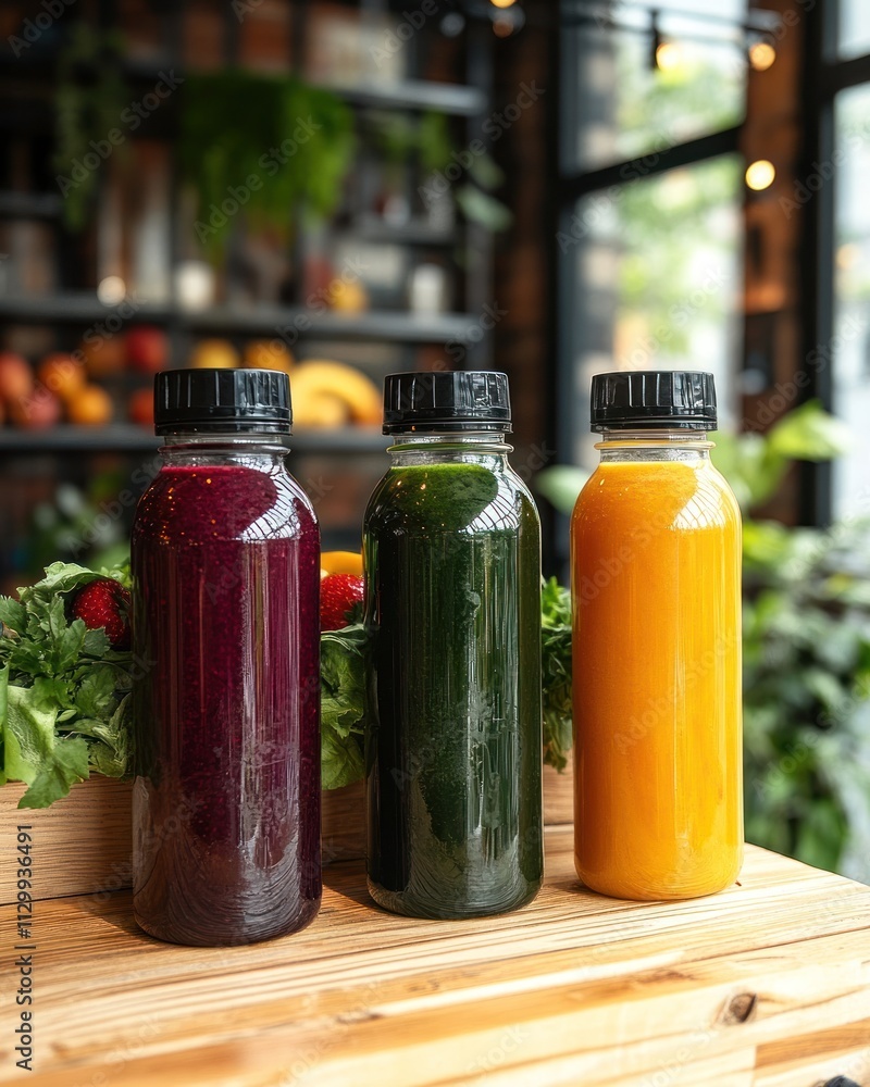 Poster three colorful juice bottles displayed on a wooden surface in a vibrant setting.