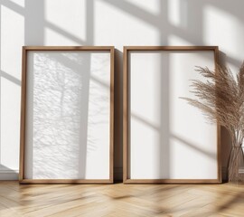 Empty Wooden Picture Frames on White Wall with Wooden Floor Minimalist Modern Interior