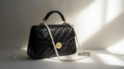 Black Leather Handbag with Pearl Chain and Diamond Bracelet