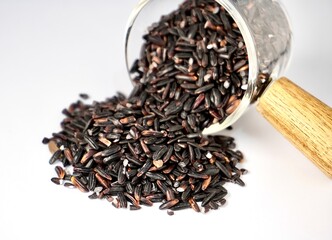 Pile of uncooked raw black or purple rice spilled from small glassware pot cup container isolated on horizontal white background.