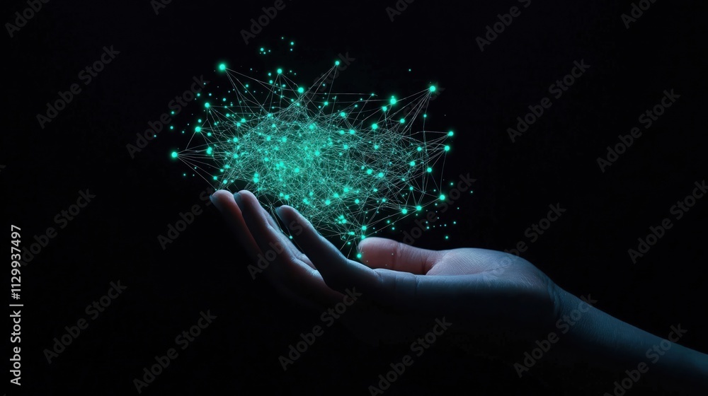 Poster hand holds glowing network of data connections. tech progress, digital innovation concept. hand hold