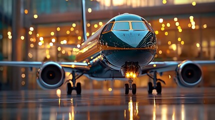 Fototapeta premium Airline ads travel concept. Airplane on a runway with a blurred illuminated background, showcasing sleek design and modern aviation technology.