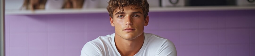 Obraz premium Confident Young Asian Man in White T-Shirt and Blue Jeans Against Lavender Background