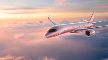 Fototapeta premium Airline ads travel concept. A sleek airplane soaring above the clouds during a colorful sunset.