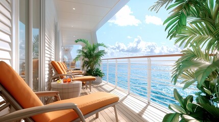 Fototapeta premium Airline ads travel concept. A serene balcony overlooking tranquil waters, adorned with comfortable chairs and lush greenery.