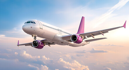 Fototapeta premium Airline ads travel concept. Airplane flying above clouds during sunset, showcasing a vibrant pink and white design.