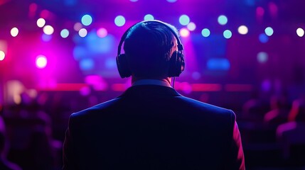 Man in suit and headphones at a vibrant event, facing away from the camera.