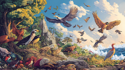 Detailed image of natural selection with diverse species adapting to environment, evolutionary, biological diversity. Drift. Illustration