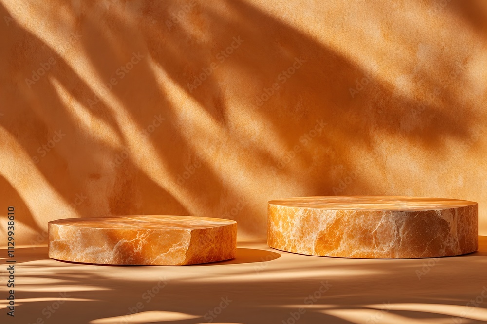 Poster two circular stone pedestals on a textured orange background with soft shadows.