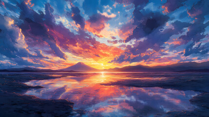 Fototapeta premium Majestic Mountain Sunset Over Serene Coastal Waters