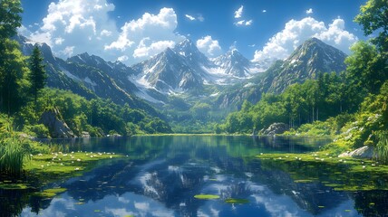 Fototapeta premium Serene Mountain Lake Reflecting Majestic Peaks