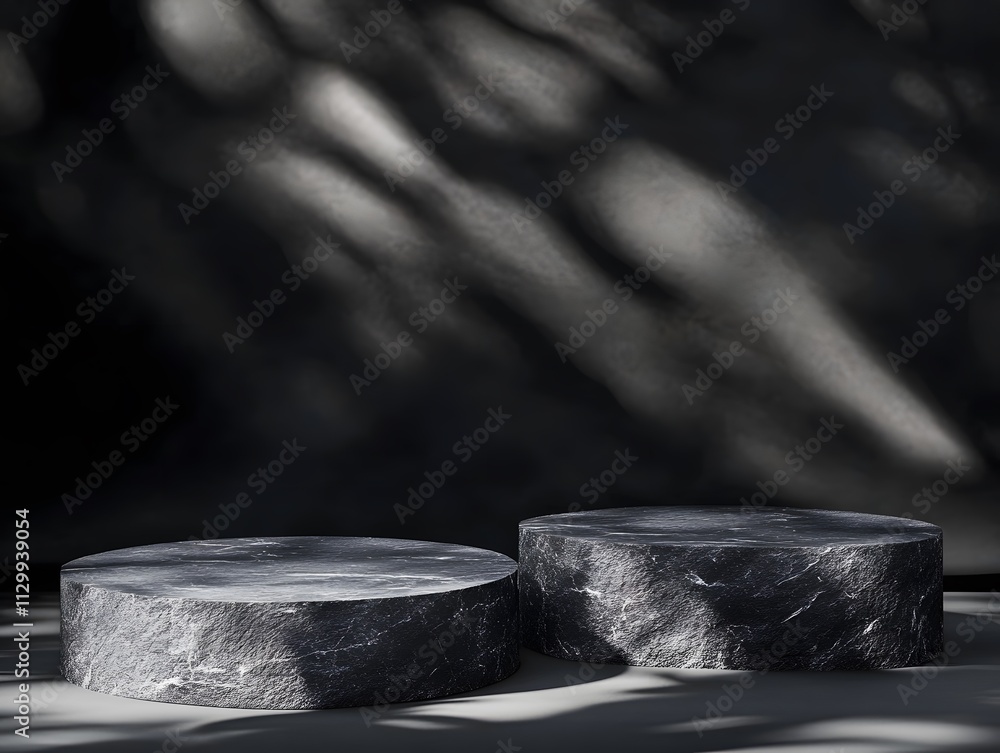 Poster two circular stone platforms in a shadowy environment, highlighting texture and form.