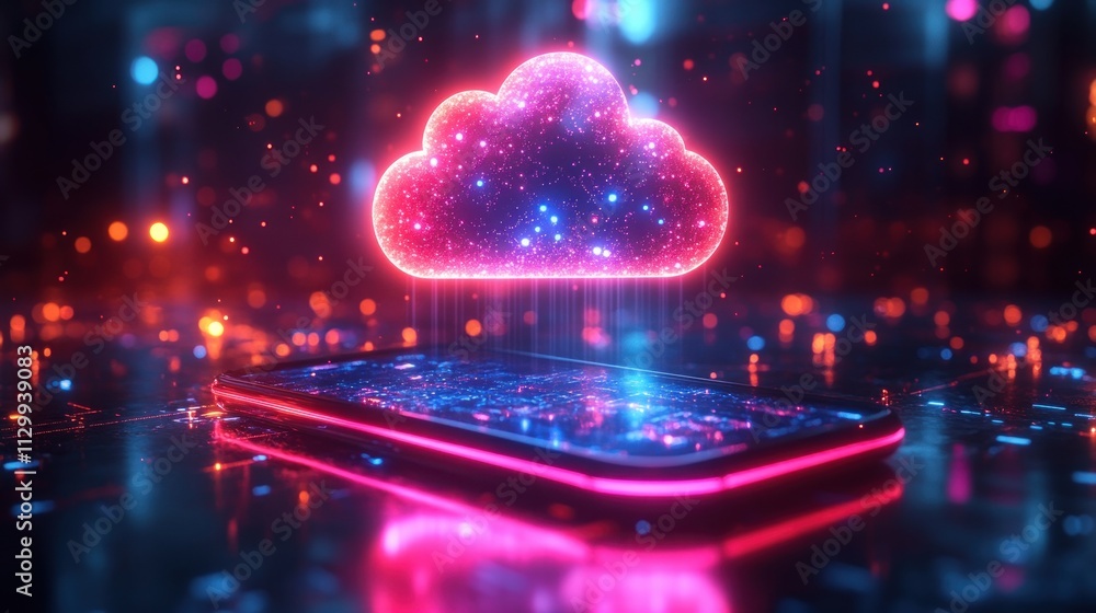 Poster futuristic cloud data storage technology with neon lights and isometric design for digital applicati
