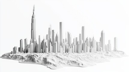 A white clay render of a city skyline